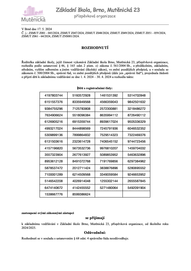 Rozhodnutí o přijetí dětí k základnímu vzdělávání